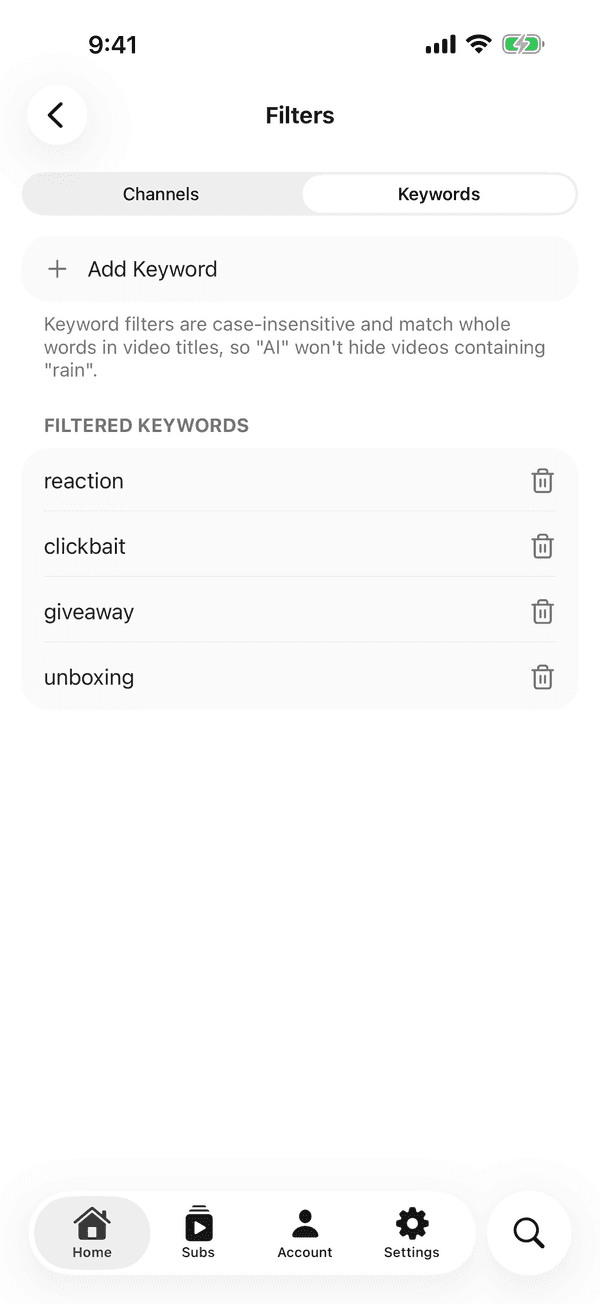 Iris feed filter settings for channels, keywords and Shorts