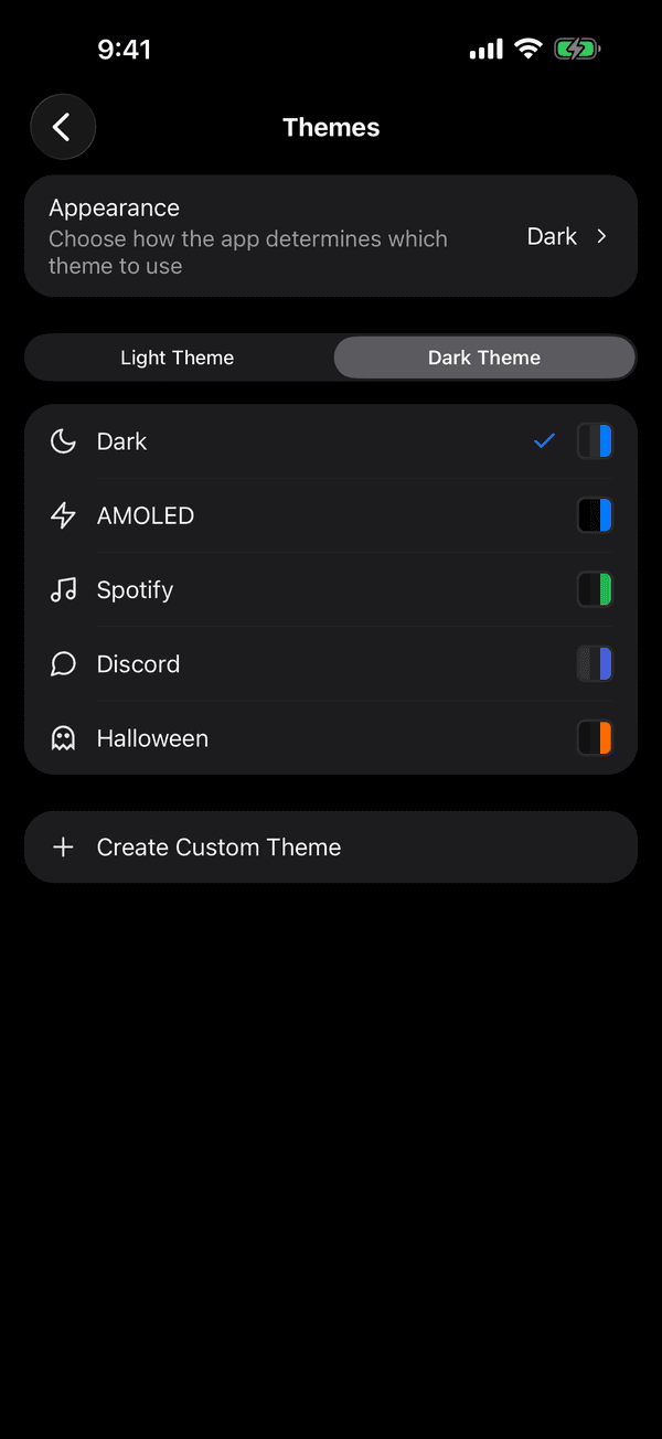 Iris theme picker showing Dark, AMOLED, Spotify and Discord themes
